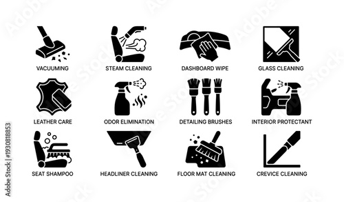 Car cleaning icon set featuring vacuum, steam, and glass cleaning tools