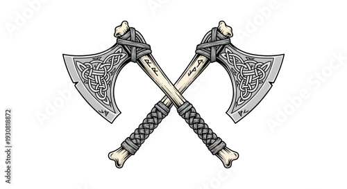 Two crossed battle axes with intricate knotwork and bone details