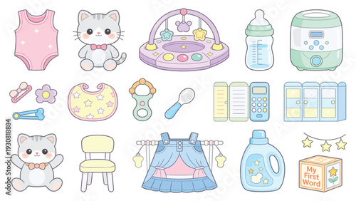 Cute baby stickers collection with toys clothes and accessories illustration set