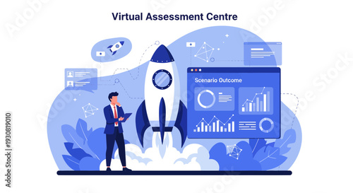 Businessman launching a rocket representing a successful business startup concept.