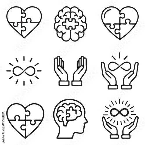 Mental health and neurodiversity awareness icons set with puzzle brain heart and infinity symbols
