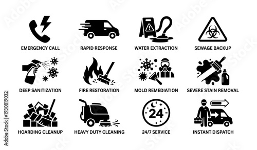 Emergency cleaning and restoration icons for rapid response services