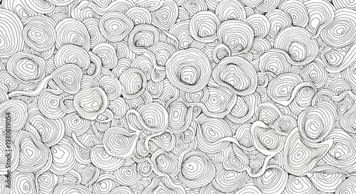 Intricate black and white abstract pattern with swirling shapes.