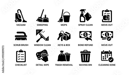 Cleaning equipment icons: vacuum, mops, spray, trash removal, checklist