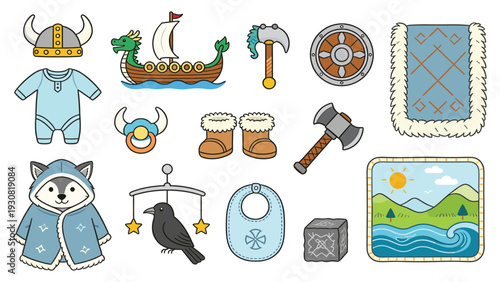 Cute baby stickers with toys, clothes, and accessories in a Viking theme collection set for kids