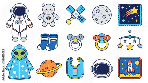 Cute baby stickers with toys and accessories in a space-themed collection for kids, featuring adorable designs and fun characters