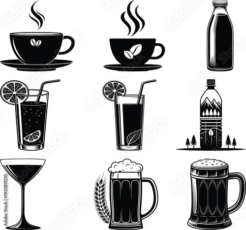 Collection of black and white beverage coffee tea juice beer martini coffee cup steam beans saucer
