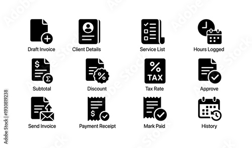 Icons for invoice management and tracking: draft, client details, tax, payment, history