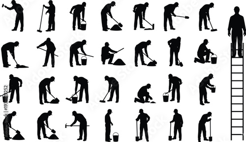 Construction Worker Silhouette Icons Set Featuring Sweeping, Shoveling, Hammering, Pickaxe Use, Bucket Carrying, Ladder Climbing, and Ground Work