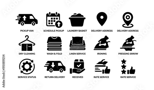 Laundry service icons: pickup, delivery, cleaning, ironing, status
