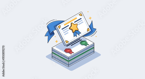 Certificate of Achievement with Gold Star and Ribbon on Top of Documents.