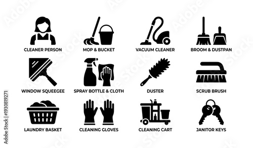Cleaning tools icons: featured equipment includes vacuum, broom, mop, duster, gloves