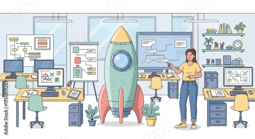 Businesswoman presenting a new project launch with a large rocket.