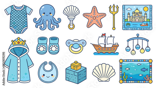 Cute baby sticker collection with toys, clothes, and accessories displayed in a set of cartoon illustrations