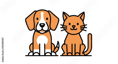 Cartoon illustration of an orange cat and a beagle dog sitting side by side