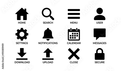Essential digital interface icons: home, search, menu, user, and more