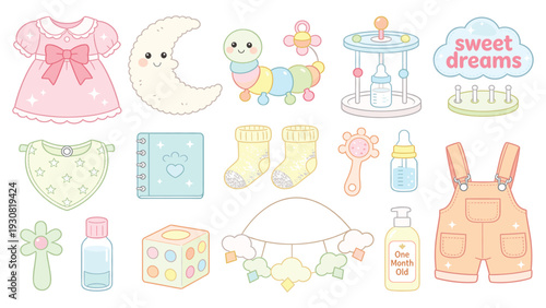 Adorable collection of cute baby stickers with toys, clothes, and accessories in a playful set.