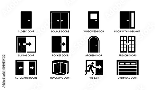 Various door types icons: closed, double, pocket, french, sliding, more