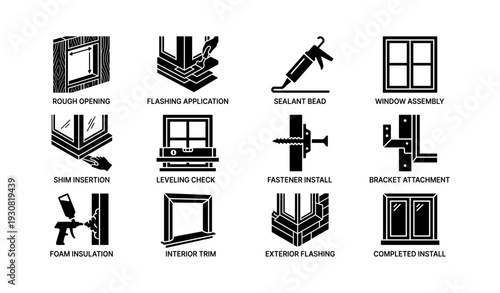 Window installation process: steps and tools illustrated in black icons