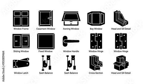 Set of window and hardware icons including casement sash and latch designs