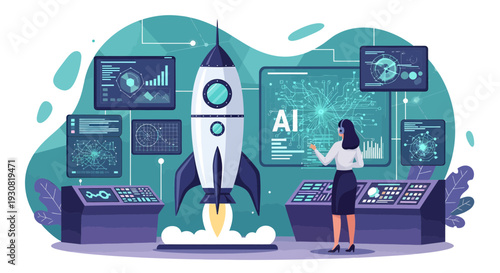 Female engineer using artificial intelligence to control a rocket launch.