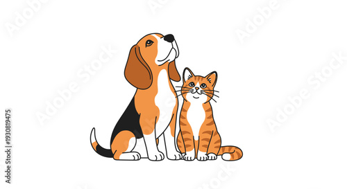 A charming illustration of a beagle and an orange tabby cat
