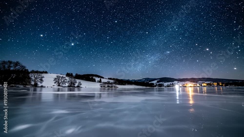 Frozen lake under starry night sky