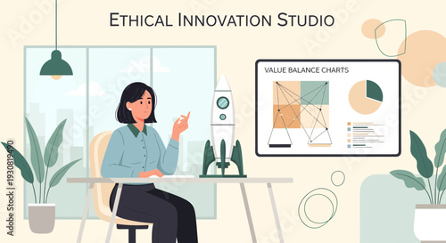 Female entrepreneur in an ethical innovation studio presenting a new project.