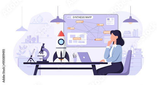 Female entrepreneur thoughtfully planning a new technology startup project with a rocket model on her desk.