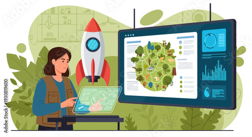 Female scientist using advanced holographic technology for environmental planetary analysis.