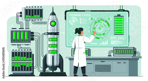 Female Scientist Researching Advanced Green Battery Technology for a Rocket.