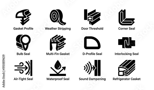 Various sealing solutions: gaskets, weather stripping, and door threshold icons
