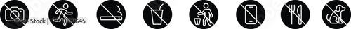 Restriction icons set no photography, no running, no smoking, no drink, no littering, no phone, no food, no pets vector signs for public places, safety symbol collection group