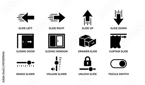 Various user interface icons including arrows, sliders, and locks