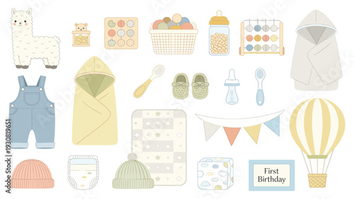 Adorable collection of baby stickers with toys, clothes, and accessories in a playful set