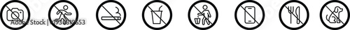 Restriction icons set no photography, no running, no smoking, no drink, no littering, no phone, no food, no pets vector signs for public places, safety symbol collection group