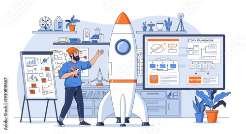 Male engineer developing a new spacecraft in a hightech laboratory for a startup launch.