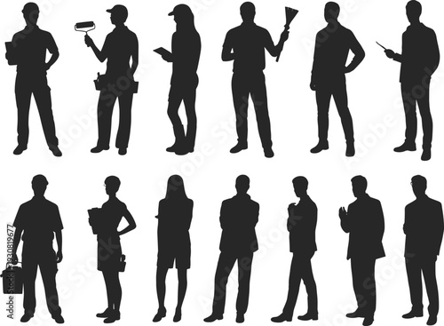 Occupational Silhouette Icons Set Featuring Painters, Cleaners, Toolbox Workers, Surveyors, and Business Professionals for Diverse Career and Workforce Design