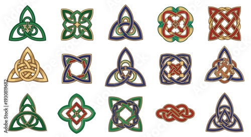 Collection of colorful celtic knots arranged in a grid pattern