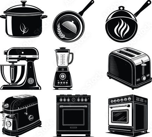 Collection of black and white kitchen appliances and cookware frying pan skillet stove