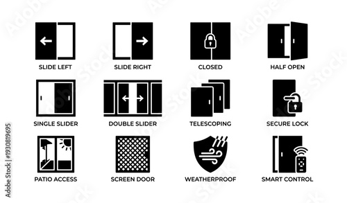 Sliding door icons with lock, patio, screen, weatherproof, and smart control features