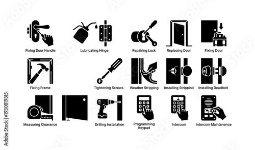 Door repair and maintenance icons: handle, hinge, lock, installation, intercom