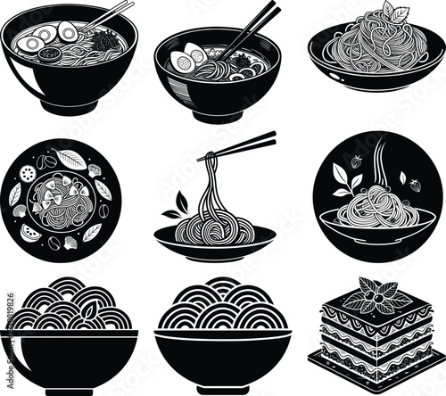 Collection of black and white of various noodle dishes and lasagna ramen noodles pasta food