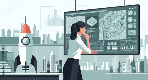 Professional woman analyzing complex data on a large futuristic interactive screen.