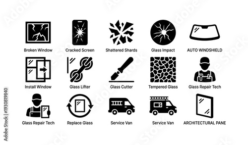 Glass repair icons: broken window, cracked screen, shattered shards, glass cutter, service van
