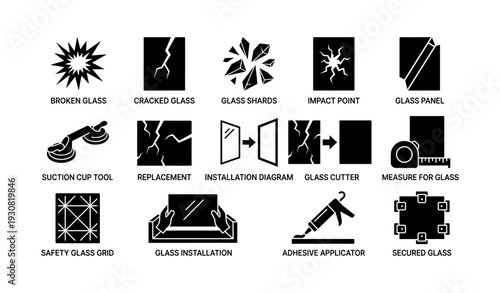 Glass repair icons: tools, installation, cracked glass, safety grid, adhesive applicator