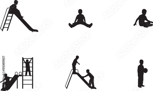 Playground Children Silhouette Icons Set Featuring Slides, Ladder Climbing, Ball Games, Sitting Poses, and Interactive Play Gestures
