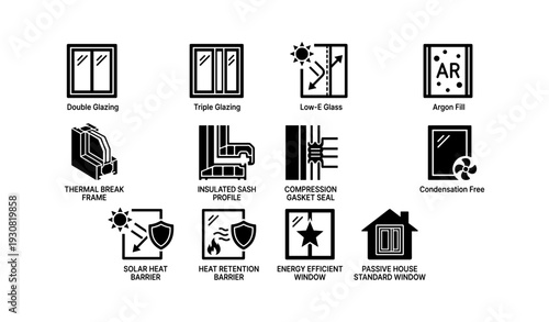 Innovative window technology icons: double triple low-e argon thermal insulation