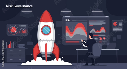 Risk governance concept with a businessman monitoring data for a rocket launch startup.