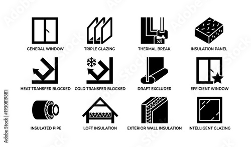 Energy efficiency icons: insulation, glazing, thermal break, draft excluder, intelligent windows